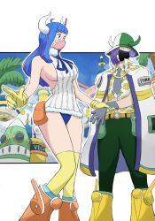 1boy 1girl apple7apo asymmetrical_hair black_eyes blue_hair blue_panties blue_ribbon blue_sky blurry blurry_background breasts brother_and_sister cape claws clothes_writing dinosaur_girl english_text feet_out_of_frame floral_print fur_collar gloves green_pants grey_gloves grey_necktie highres holding_another&#039;s_wrist horns large_breasts long_hair looking_at_another mask mouth_mask necktie one_piece outdoors page_one_(one_piece) palm_tree panties pants pink_eyes purple_hair ribbon rocket science_fiction shirt short_hair siblings sideboob sky sleeveless sleeveless_shirt socks star_(symbol) striped_clothes striped_shirt sweatdrop tree two-tone_headwear ulti_(one_piece) underwear white_cape white_shirt yellow_gloves yellow_socks