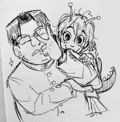1boy 1girl adjusting_eyewear antennae black_hair blush couple dandadan ditzmill glasses hood lizard_tail obscured_eyes school_uniform short_hair skirt smile sparkle sparkling_eyes straight_hair tail traditional_media v