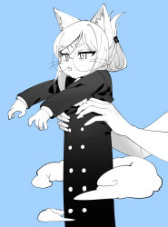 1girl 1other absurdres animal_ears annoyed ascot blue_background break761 buttons cat_ears cat_girl cloud commentary creatures_(company) english_commentary fangs folded_ponytail furry furry_female game_freak gen_1_pokemon gigantamax gigantamax_meowth glasses greyscale_with_colored_background highres hitoner holding interspecies jacket jitome longcat_(meme) meme meowth nintendo outstretched_arms parody pokemon round_eyewear slit_pupils tonerico whiskers