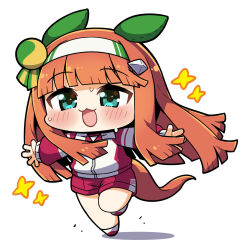 1girl :3 :d animal_ears blunt_bangs blunt_ends blunt_sidelocks blush chibi chibi_only commentary_request full_body hairband highres horse_ears horse_girl horse_tail jacket long_hair long_sleeves open_mouth orange_hair outstretched_arms plover red_jacket red_shoes red_shorts running shoes shorts sidelocks silence_suzuka_(umamusume) simple_background smile solo sparkle spread_arms sweat tail tracen_training_uniform track_jacket umamusume white_background white_hairband