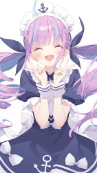1girl :d ahoge anchor_print anchor_symbol blue_hair blush bow braid closed_eyes colored_inner_hair double_v dress hair_ribbon highres hololive kani_biimu long_hair maid_headdress minato_aqua minato_aqua_(1st_costume) multicolored_hair open_mouth purple_hair ribbon short_sleeves simple_background smile solo streaked_hair striped_clothes striped_wrist_cuffs twintails two-tone_hair v virtual_youtuber white_background white_headdress wrist_cuffs