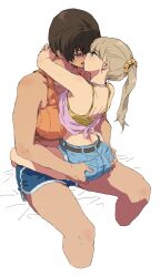 2girls arms_around_neck ass back blue_shorts breasts brown_hair cutoffs dark-skinned_female dark_skin denim denim_shorts french_kiss grabbing_another&#039;s_ass groping height_difference highres hug kei_(m_k) kiss large_breasts long_hair m_k multiple_girls original ponytail rika_(m_k) short_hair short_shorts shorts simple_background sitting sitting_on_lap sitting_on_person size_difference tomboy tongue tongue_out white_background yuri