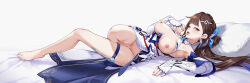1girl absurdres bar_censor barefoot breasts brown_hair censored chinese_commentary cleft_of_venus commentary_request dakimakura_(medium) dress elbow_gloves feet fingerless_gloves gloves highres honkai_(series) honkai_impact_3rd huiqian large_breasts li_sushang li_sushang_(jade_knight) long_hair lying merchandise_available nipples no_panties on_side pillow pussy solo toes tongue tongue_out white_dress white_gloves