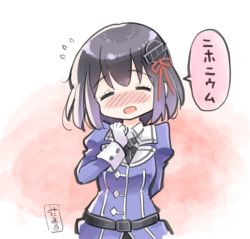 10s 1girl black_hair blush closed_eyes commentary_request cowboy_shot female_focus gloves haguro_(kancolle) hair_ornament kantai_collection military military_uniform minimaru no_nose open_mouth short_hair solo upper_body white_gloves