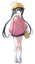 Rule 34 | 1girl, :d, absurdres, aqua eyes, bag, black hair, blue archive, blush, full body, hat, highres, kindergarten uniform, kisaki (blue archive), kisaki (kindergarten uniform) (blue archive), kneehighs, long hair, looking at viewer, open mouth, pleated skirt, school hat, shoes, simple background, skirt, sleeves past wrists, smile, socks, solo, somray, star-shaped pupils, star (symbol), symbol-shaped pupils, teeth, twintails, uwabaki, variant set, white background, white socks