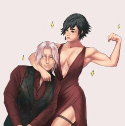 1boy 1girl black_hair blue_eyes blush breasts dante_(devil_may_cry) devil_may_cry_(series) dress green_eyes heterochromia jewelry jumpoon lady_(devil_may_cry) meme muscular muscular_bride_(meme) muscular_female necklace one_eye_closed red_dress red_eyes red_shirt shirt side_slit simple_background sleeveless sleeveless_dress smile sparkle vest white_hair