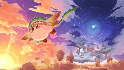 Rule 34 | artist name, big kabu, blue eyes, bronto burt, cabin, chilly (kirby), chip (kirby), closed eyes, closed mouth, cloud, commentary, continuo0226, floating, floating rock, flying, gradient sky, grandy (kirby), grizzo, hat, headdress, highres, holding, holding polearm, holding weapon, igloo, in-universe location, kabu (kirby), kirby, kirby: triple deluxe, kirby (series), native american headdress, nintendo, no humans, one-eyed, open mouth, outdoors, pierce (kirby), polar opposites, polearm, pom pom (clothes), red hat, red scarf, rock, santa hat, scarf, scarfy, skis, sky, sleeping, smile, snow, snow shelter, snowman, spear, split theme, star (sky), star (symbol), starry sky, sunset, tail, twitter username, waddle dee, waddle doo, weapon, wing kirby, wings