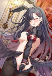 Rule 34 | 1girl, animal ears, arm cuffs, ass, black gloves, black hair, black wings, blue archive, blunt bangs, blush, closed eyes, commentary request, covering ass, covering breasts, covering privates, facing viewer, fake animal ears, floating hair, gloves, hair ornament, hairclip, halo, hand on own ass, hand on own chest, highres, ichika (blue archive), indoors, kuria (clear trip second), long hair, low wings, median furrow, open mouth, red halo, reverse outfit, wings