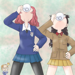 3girls black_necktie black_pantyhose blue_skirt blue_sweater braid brown_jacket chi-hatan_military_uniform chibi chugging collar collared_shirt commentary_request cup emblem facing_up fukuda_haru girls_und_panzer glasses gradient_background hand_on_own_hip hands_on_own_face hands_under_chin holding holding_cup jacket long_braid long_hair miniskirt multiple_girls necktie orange_hair orange_pekoe_(girls_und_panzer) pantyhose pink_hair pleated_skirt red_collar rosehip_(girls_und_panzer) round_eyewear school_uniform shirt short_hair skirt st._gloriana&#039;s_(emblem) st._gloriana&#039;s_school_uniform surprised sweater t_jiroo_(ringofriend) teacup twin_braids white_shirt yellow_skirt