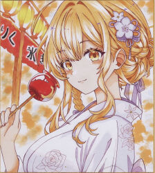 Rule 34 | 1girl, 870hanamarumomo, alternate costume, alternate hairstyle, blonde hair, blush, bow, braid, closed mouth, commentary request, floral print, flower, hair bow, hair flower, hair ornament, hairstyle request, highres, holding candy apple, japanese clothes, kimono, kirisame marisa, lantern, long hair, looking at viewer, no headwear, paper lantern, shikishi, side braid, single braid, smile, solo, touhou, traditional media, translation request, white bow, white flower, white kimono, yellow eyes, yukata