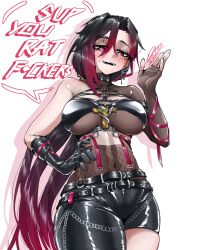 1girl absurdres asymmetrical_bangs asymmetrical_clothes asymmetrical_legwear asymmetrical_pants belt black_belt black_bra black_gloves black_hair blush bra breasts censored censored_profanity censored_text chain colored_shadow commentary covered_navel cowboy_shot cross-shaped_pupils docileart drop_shadow english_commentary english_text facial_tattoo gloves gradient_hair hair_between_eyes hand_up highres large_breasts long_hair looking_at_viewer mole mole_beside_mouth multicolored_hair multiple_moles mykora_(vmine) o-ring open_mouth profanity red_eyes red_hair shadow signature simple_background single_bare_shoulder single_glove single_pantsleg smile solo speech_bubble symbol-shaped_pupils talking tattoo underwear very_long_hair virtual_youtuber vmine white_background