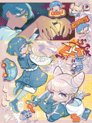 Rule 34 | 1boy, 2girls, adjusting eyewear, alien, backpack, bag, barcode, blank speech bubble, blue eyes, blue hair, blue skirt, blush, cellphone, chibi, chibi inset, closed mouth, cloud, collared shirt, commentary request, cone hair bun, double bun, eye of providence, fingerless gloves, frilled shirt, frills, fukurai azami, glasses, gloves, hair bun, hand on eyewear, highres, honzumaru, jumpsuit, key, long sleeves, looking at viewer, looking back, meguriya ayumu, motor vehicle, multiple girls, open mouth, paper, phone, reindeer, shirt, short hair, sitting, skirt, smartphone, smile, sparkle, speech bubble, standing, standing on one leg, tanuki, jasmine (toshi densetsu kaitai center), toshi densetsu kaitai center, toshikai-kun, triangle hands, v, van, white shirt