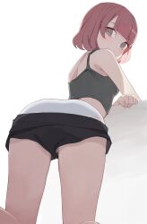 1girl ass black_shirt black_shorts blush breasts clothes_pull crossed_arms from_behind grey_eyes hiroki_(yyqw7151) kneeling leaning_forward looking_at_viewer looking_back original panties red_hair shirt short_hair shorts shorts_pull small_breasts tank_top underwear white_background white_panties