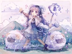 1girl absurdres apron bell black_boots black_headscarf black_shirt blunt_bangs boots braid capelet chinese_commentary collared_shirt commentary_request country_lolita curled_horns dot_nose eyelashes floating_hair flower frilled_shirt frilled_skirt frilled_sleeves frills fringe_trim full_body hair_bell hair_ornament haiyang_ocean happy hat hat_flower headscarf high-waist_skirt highres holding holding_staff horns horns_through_headwear infinity_nikki layered_sleeves light_blush light_particles lolita_fashion long_hair long_sleeves looking_ahead low_twin_braids medium_skirt mountain neck_bell nikki_(series) notice_lines open_mouth outdoors outstretched_arms pastoral_dance_(infinity_nikki) petals pleated_skirt procreate_(medium) puffy_long_sleeves puffy_sleeves purple_eyes purple_flower purple_hair purple_skirt purple_sky shadow sheep sheep_horns shirt short_over_long_sleeves short_sleeves signature skirt sky sleeves_past_wrists smile solo sparkle staff standing tareme tassel teeth twin_braids upper_teeth_only very_long_hair waist_apron white_apron white_capelet white_horns