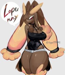 absurdres animal_ear_fluff beige_fur black_sclera breasts brown_fur brown_hair cleavage colored_sclera furry furry_female gen_4_pokemon highres large_breasts leotard long_hair looking_at_viewer lopunny navel nintendo pokemon pokemon_(creature) rabbit_ears rabbit_girl red_eyes short_shorts shorts thick_eyebrows thick_thighs thighs togetoge tongue tongue_out