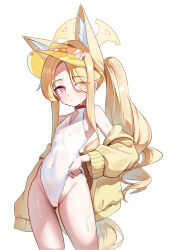 1girl absurdres animal_ears blonde_hair blue_archive breasts fox_ears halo highres jacket li_se long_hair one-piece_swimsuit seia_(blue_archive) seia_(swimsuit)_(blue_archive) simple_background small_breasts solo swimsuit visor_cap white_background white_one-piece_swimsuit