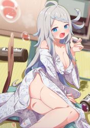 1girl absurdres ahoge alternate_costume arm_support ass blue_eyes blue_hair blurry blurry_background blush bottle braid braided_bangs breasts bubble choko_(cup) cleavage collarbone commission cup drooling drunk fang grey_hair highres holding holding_cup indoors japanese_clothes kimono large_breasts long_hair long_sleeves looking_at_viewer lying mouth_drool multicolored_hair off_shoulder on_floor on_side open_mouth original panties panty_peek print_kimono shiro9jira sitting skeb_commission smile solo streaked_hair sword tatami thighs underwear weapon white_kimono white_panties wooden_sword yukata
