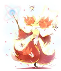 animal_hands bee bug claws creatures_(company) cutiefly delphox fly flying fox game_freak gen_6_pokemon gen_7_pokemon insect insect_wings konna-nani magic nintendo no_humans pokemon pokemon_(creature) red_eyes red_fur smile stick wand wings yellow_fur