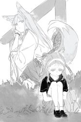 Rule 34 | 2girls, aged down, animal ears, bang dream!, bang dream! it&#039;s mygo!!!!!, chinese commentary, commentary request, dkl (dinosaurkl2), fox ears, fox girl, greyscale, hair ornament, hairclip, kitsune, monochrome, multiple girls, nagasaki soyo, pleated skirt, sitting, skirt, torii, wakaba mutsumi