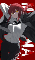 Rule 34 | 1girl, absurdres, black jacket, black necktie, braid, chainsaw man, character name, closed mouth, collared shirt, formal clothes, highres, jacket, light smile, long hair, looking at viewer, makima (chainsaw man), necktie, pant suit, pants, red background, red hair, ringed eyes, shirt, single braid, solo, suit, suit jacket, wako (1194433260), white shirt, yellow eyes
