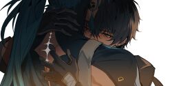 2boys back_cutout black_gloves black_hair blue_hair blush clothing_cutout commentary earrings gloves hair_between_eyes hand_on_another&#039;s_back hand_on_another&#039;s_neck hashtag-only_commentary highres hug jewelry jiyan_(wuthering_waves) long_hair male_focus male_rover_(wuthering_waves) multiple_boys piercing ponytail rover_(wuthering_waves) short_hair simple_background stud_earrings tacet_mark_(wuthering_waves) tassel tassel_earrings upper_body very_long_hair white_background xiandao1213 yaoi yellow_eyes