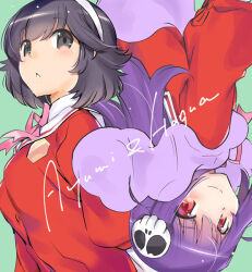 Rule 34 | 2girls, black hair, closed mouth, green background, hair ornament, hairband, happy birthday, haqua d&#039;rot herminium, kami nomi zo shiru sekai, long hair, looking at viewer, multiple girls, official art, open mouth, school uniform, short hair, simple background, skull hair ornament, tagme, takahara ayumi, upside-down, wakaki tamiki, white hairband