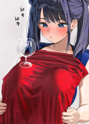 1girl black_hair blue_eyes blush breasts commentary_request cup double_bun grey_background hair_bun kaisen_chuui large_breasts original simple_background solo two_side_up upper_body