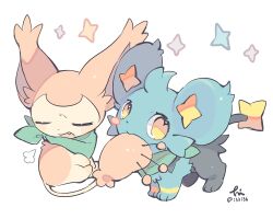 animal_focus bandana biting biting_another&#039;s_tail blue_fur blush_stickers closed_eyes commentary fang furrowed_brow gen_3_pokemon gen_4_pokemon green_bandana hideko_(l33l3b) highres nintendo no_humans open_mouth pokemon pokemon_(creature) pokemon_mystery_dungeon pokemon_mystery_dungeon:_explorers_of_time/darkness/sky shinx sigh signature simple_background sitting skitty sparkle tail twitter_username white_background yellow_eyes