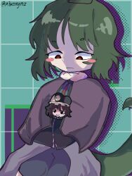 2others adagumo_no_saragimaru androgynous aqua_background black_eyes black_hat black_shirt blue_shorts blue_vest blush_stickers capelet chinese_commentary closed_mouth collared_capelet collared_shirt commentary_request cowboy_shot frown fur-trimmed_capelet fur_trim green_hair grid_background hat highres holding hood hood_down hooded_jacket jacket japanese_clothes len&#039;en long_sleeves looking_at_another looking_down mob_cap multiple_others open_clothes open_jacket other_focus puffy_shorts purple_capelet purple_hair purple_jacket red_eyes saltymiko self-upload shadow shirt shitodo_kuroji short_hair shorts size_difference smile snake_tail tail triangular_headpiece vest wide_sleeves