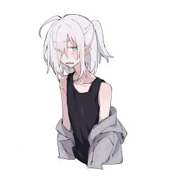 Rule 34 | 1girl, ahoge, azuma shino, black tank top, blue eyes, blush, collarbone, fang, flat chest, grey hoodie, heterochromia, hood, hoodie, nowareno (azuma shino), original, pointy ears, ponytail, short ponytail, skin fang, slit pupils, solo, tank top, upper body, white background, white hair