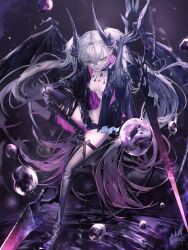 1girl absurdres black_cloak black_hands black_panties black_thighhighs body_markings breasts choker cloak colored_extremities crossed_bangs demon_girl demon_horns demon_wings ear_piercing fate/grand_order fate_(series) full_body green_eyes grey_hair hair_between_eyes highres horns lilith_(fate) lilith_(second_ascension)_(fate) long_hair looking_to_the_side medium_breasts navel panties piercing pointy_ears reluvy smile stomach_tattoo tattoo thighhighs tongue tongue_out twintails underwear very_long_hair wings