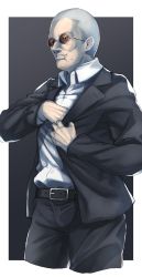 1boy absurdres bald belt black_belt black_jacket black_pants border collared_shirt commentary_request cowboy_shot cropped_legs grey_background grin highres jacket long_sleeves looking_afar male_focus manatsu_no_yo_no_inmu miura_daisenpai mole mole_under_mouth pants round_eyewear shirt shirt_tucked_in simple_background smile solo suit_jacket sunglasses tail_or white_border white_shirt