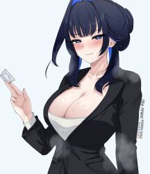 1girl absurdres alternate_breast_size amai-pai black_hair blue_eyes blue_hair blush breasts collarbone condom formal_clothes hair_intakes highres hololive hololive_english jewelry large_breasts long_hair long_sleeves looking_at_viewer multicolored_hair ouro_kronii shirt smile solo sweat sweatdrop virtual_youtuber white_background