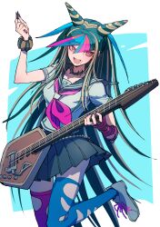 1girl asymmetrical_legwear black_hair black_sailor_collar black_scrunchie blue_hair danganronpa_(series) danganronpa_2:_goodbye_despair ear_piercing face_piercing hair_horns highres jewelry long_hair looking_at_viewer mioda_ibuki mismatched_legwear mouth_piercing multicolored_hair neckerchief open_mouth piercing pink_eyes pink_hair pink_neckerchief sailor_collar school_uniform scrunchie serafuku shirt short_sleeves skirt smile solo thighhighs torn_clothes torn_thighhighs white_hair youko-shima
