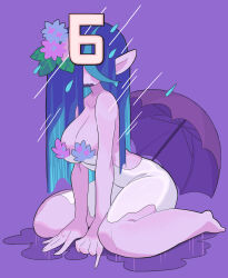 1girl bare_shoulders barefoot blue_hair breasts cleavage commentary dress flower gashi-gashi hair_flower hair_ornament hair_over_eyes highres large_breasts long_hair original pointy_ears purple_background rain simple_background sitting strapless strapless_dress symbol-only_commentary umbrella wariza white_dress