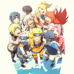 3girls 6+boys aged_down bad_id bad_pixiv_id black_hair blonde_hair blue_eyes brothers closed_eyes forehead_protector haruno_sakura hatake_kakashi jiraiya_(naruto) long_hair mask multiple_boys multiple_girls namikaze_minato naruto_(series) naruto_shippuuden oba-min pink_hair pointing red_hair sai short_hair siblings silver_hair smile spiked_hair tsunade_(naruto) uchiha_itachi uchiha_sasuke uzumaki_kushina uzumaki_naruto very_long_hair