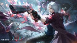 1boy bat_(animal) black_gloves coat crossover dante_(devil_may_cry) demon devil_may_cry_(series) devil_may_cry_5 ebony_&amp;_ivory fingerless_gloves gloves gun highres holding holding_gun holding_weapon lightning official_art punishing:_gray_raven red_coat ruins sleeves_rolled_up smile weapon white_hair