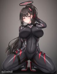 1girl absurdres black_hair blue_archive bodysuit breasts ch_(charchive15) covered_navel hair_between_eyes halo highres impossible_bodysuit impossible_clothes large_breasts latex latex_bodysuit official_alternate_costume official_alternate_hairstyle ponytail red_eyes rio_(blue_archive) rio_(bodysuit)_(blue_archive) skin_tight solo