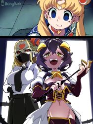 Rule 34 | 2koma, 3girls, absurdres, artist name, bishoujo senshi sailor moon, black gloves, black necktie, black skirt, blonde hair, blue eyes, bongfill, breasts, comic, commentary, gloves, heart, heart tattoo, highres, hiiragi utena, horns, kaijin hime do-s, long skirt, looking at viewer, magia baiser, mahou shoujo ni akogarete, mask, meme, midriff, mouth mask, multiple girls, necktie, one-punch man, open mouth, purple hair, red eyes, sailor moon, sailor moon redraw challenge (meme), scared, shirt, skirt, symbol-only commentary, tattoo, tsukino usagi, twintails, white shirt, yellow horns