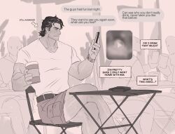 Rule 34 | 1boy, 3others, absurdres, arm hair, bara, crossed legs, cup, english text, facial hair, ghangaji, highres, holding, holding cup, holding phone, leg hair, looking at phone, male focus, monochrome, multiple others, muscular, muscular male, original, phone, shorts, sitting, sketch, solo focus, stubble, v-neck
