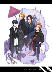 3boys absurdres against_wall ass belt black_boots black_coat black_hair black_shirt black_shoes black_vest blonde_hair blue_eyes blue_pants blue_suit boots brown_hair brown_shoes cable chain closed_mouth coat collared_shirt concrete earrings flower flower_pot formal_clothes from_behind grey_shirt hand_in_pocket haori headgear highres holding holding_sword holding_weapon horobi_(kamen_rider_01) ikazuchi_(kamen_rider_01) jacket japanese_clothes jewelry jin_(kamen_rider_01) kamen_rider kamen_rider_01_(series) kanoko_y katana lace leather leather_jacket light_smile long_sleeves looking_at_viewer mannequin multiple_boys naki_(kamen_rider_01) obi orange_eyes oversized_clothes pants plant potted_plant purple_eyes red_eyes red_umbrella sash shirt shoes short_hair single_earring strap suit sword tassel umbrella vest wallpaper_(object) wavy_hair weapon white_background white_shirt