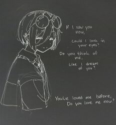 1girl black_background english_text eyewear_on_head girls_band_cry glasses greyscale hair_between_eyes highres looking_at_viewer lyrics machuuu68 monochrome rupa_(girls_band_cry) short_hair tagme