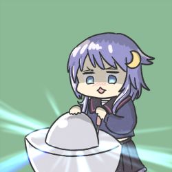1girl :3 black_sailor_collar black_skirt blue_shirt cherenkov_radiation commentary_request crescent crescent_hair_ornament demon_core ferret-san glowing green_background hair_ornament imminent_death kantai_collection nuclear_weapon pleated_skirt plutonium purple_hair sailor_collar school_uniform screwdriver serafuku shirt short_hair short_hair_with_long_locks skirt solo weapon_of_mass_destruction yayoi_(kancolle)