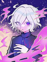 Rule 34 | 1boy, colored eyelashes, eyelashes, fire, hair over one eye, heterochromia, highres, long sleeves, looking at viewer, male focus, messy hair, open mouth, pink eyes, pink fire, purple background, purple fire, shion (hundred line), simple background, solo, the hundred line -last defense academy-, white eyes, white hair