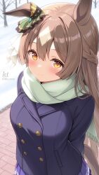 1girl animal_ears arms_behind_back artist_name bare_tree blue_coat blush braid brown_eyes brown_hair buttons closed_mouth coat double-breasted double-parted_bangs ear_ornament green_scarf half_up_braid highres horse_ears horse_girl horse_tail long_hair long_sleeves looking_at_viewer outdoors pleated_skirt purple_skirt satono_diamond_(umamusume) scarf school_uniform skirt smile snow solo tail tkkk_0220 tracen_school_uniform tree twitter_username umamusume upper_body winter winter_uniform