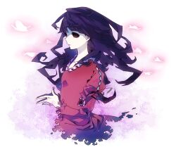 Rule 34 | 1girl, black eyes, black hair, bug, butterfly, closed mouth, colored skin, cropped torso, dress, fingernails, glowing butterfly, insect, juliet sleeves, kirishiki sunako, kitaya, long hair, long sleeves, looking ahead, no pupils, puffy sleeves, red dress, sharp fingernails, shiki (novel), solo, white skin