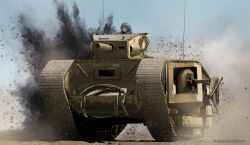 1girl blue_hair blue_sky cannon caterpillar_tracks day dead-robot indiana_jones_(series) indiana_jones_and_the_last_crusade military_vehicle motor_vehicle original outdoors short_hair sky solo tank turret vehicle_focus