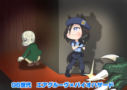 Rule 34 | 1girl, absurdres, air groove (umamusume), alternate costume, animal ears, ankle boots, aonoji, beret, black hair, blue eyes, blue shirt, boots, chibi, commentary request, cosplay, crossover, gun, handgun, hat, highres, holding, holding gun, holding weapon, horse ears, horse girl, horse tail, hunter (resident evil), jill valentine, jill valentine (cosplay), pants, pants tucked in, resident evil, resident evil 1, shadow, shirt, shoulder pads, sweatdrop, tail, translation request, tyrant (resident evil), umamusume, weapon, zombie
