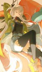 Rule 34 | 1girl, absurdres, ahoge, apple, arknights, arm behind head, black gloves, black shirt, black thighhighs, food, fruit, gloves, green jacket, grey hair, grey shorts, hair between eyes, highres, holding, holding food, holding fruit, jacket, jewelry, konghao, long hair, long sleeves, looking at viewer, low-tied long hair, necklace, official alternate costume, open clothes, open jacket, red eyes, shirt, shorts, skadi (arknights), skadi (the next afternoon tea) (arknights), solo, stuffed animal, stuffed toy, thighhighs, very long hair