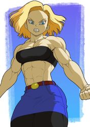 1girl android_18 bandeau bare_shoulders blonde_hair blue_eyes breasts denim denim_skirt dragon_ball dragonball_z female_focus muscular muscular_female pokkuti short_hair simple_background skirt small_breasts solo